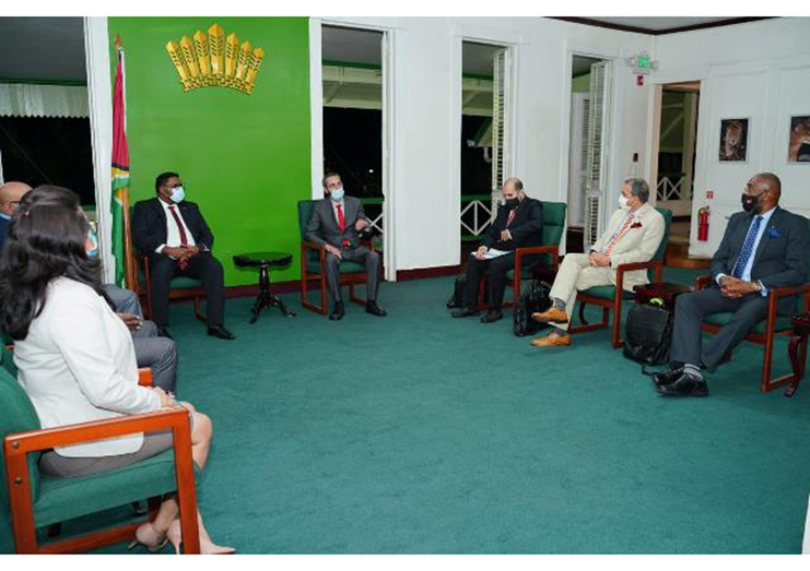 From left to right: President, Dr. Mohamed Irfaan Ali; H.E., Adbulrahman Ahmad H. Alharbi; Ahmed Abuzinadah; Hon. H. Charles Fernandez, and H.E. Colin Murdoch, Monday evening at State House (DPI photo)