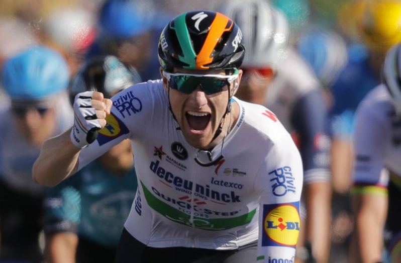 Deceuninck-Quick Step rider Sam Bennett of Ireland wins Stage 10 - Ile d'Oleron to Ile de Re in France. (Pool via REUTERS/Kenzo Tribouillard)