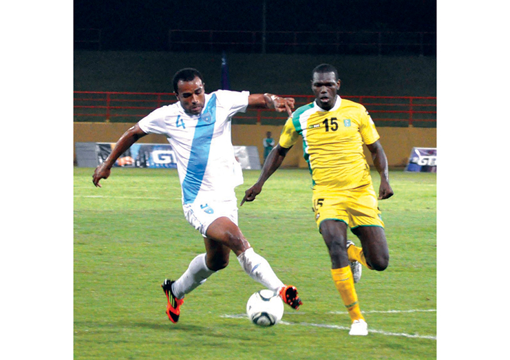 FLASHBACK! Guyana’s Shawn ‘Bubbly’ Beveney in action against Guatemala, at Guyana National Stadium during their International Friendly in 2012.  The Golden Jaguars went down 2-0 to the Central Americans.