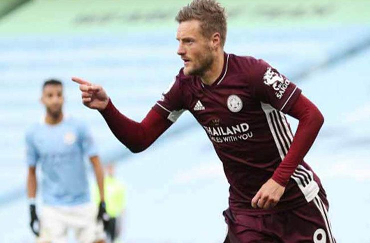Jamie Vardy celebrates one if his three goals. (Reuters)