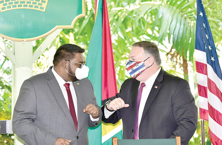 President Dr Irfaan Ali and U.S. Secretary of State Mike Pompeo at the joint press conference at State House on Friday (Adrian Narine photo)