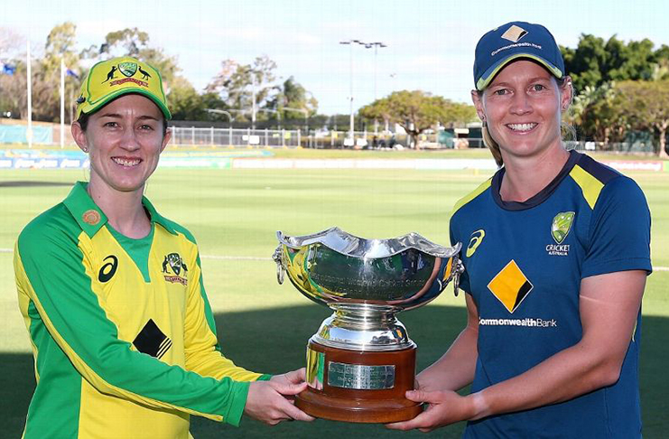 Captains' shot: Rachael Haynes and Meg Lanning pose with the Rose Bowl series trophy CA/Cricket Australia/Getty Images