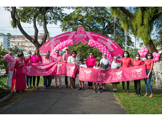 First Lady, Arya Ali (seventh right) made a donation to the Guyana Cancer Foundation shortly after declaring the Main St. Avenue an ‘Avenue of Hope’, on Thursday