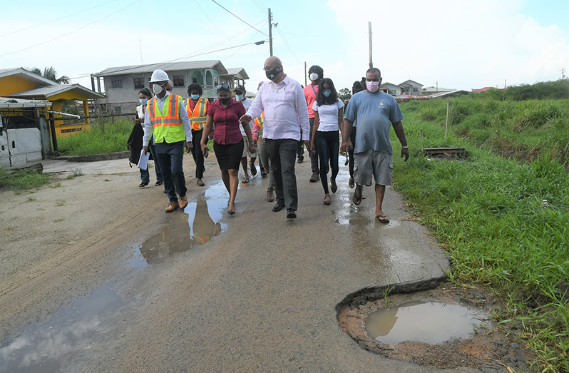 Public Works Minister, Bishop Juan Edghill, and members of his team during their fact-finding visit to Diamond on Wednesday