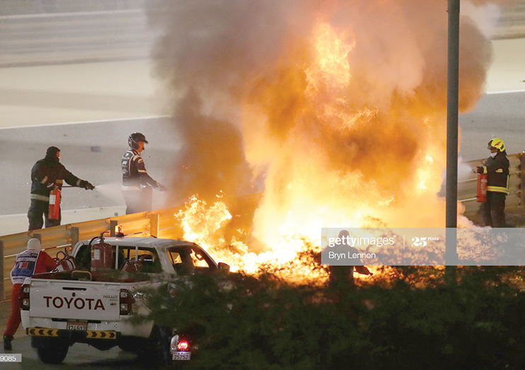 A fire is pictured following the crash of Romain Grosjean of France and Haas F1 during the F1 Grand Prix of Bahrain at Bahrain International Circuit on November 29, 2020 in Bahrain, Bahrain.
