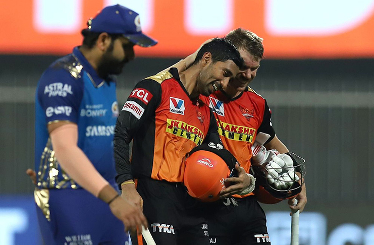 Sunrisers Hyderabad openers  Wriddhiman Saha and David Warner put on 151 for the first wicket

To  beat Mumbai Indians by 10 wickets and sealed a place in the Dream11 IPL 2020 playoffs.(IPL photo).