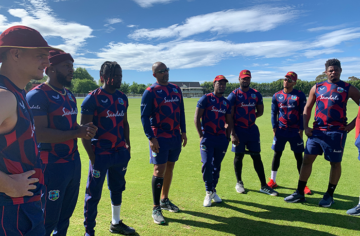 Andre Fletcher (3rd from left) stands next to head coach Phil Simmons prior to Wednesday's first training session ahead of the T20 series in New Zealand.