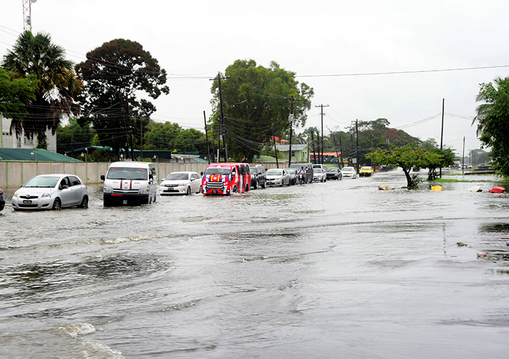Vehicles negotiate their way on a flooded Homestretch
Avenue, Georgetown on Wednesday (Adrian Narine photo)
