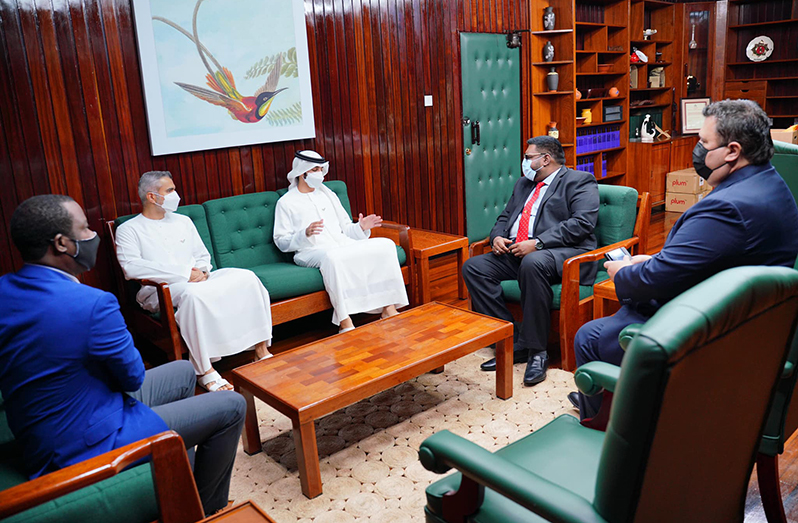 President, Dr. Mohamed Irfaan Ali and Minister of Foreign Affairs and International Cooperation, Mr. Hugh Todd meeting with His Highness Sheikh Ahmed Bin Dalmook Juma Al Maktoum of the United Arab Emirates (UAE) and his delegation on Friday (Office of the President Photograph)