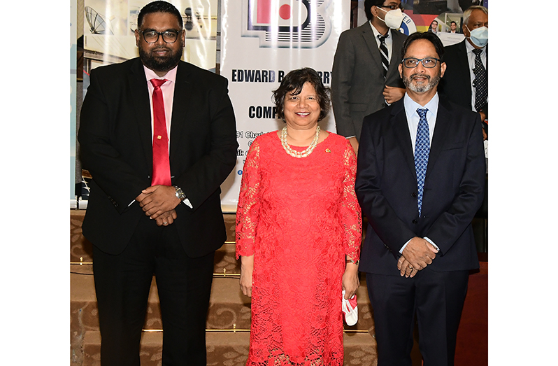 President, Dr. Irfaan Ali (second from left); Canadian High Commissioner, Lilian Chatterjee; and Chairman of the Canada-Guyana Chamber of Commerce, Anand Beharry, at the launch of the Canada-Guyana Chamber of Commerce (Adrian Narine photo)