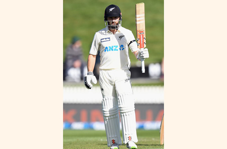 New Zealand's captain Kane Williamson celebrating his 22nd Test  century against West Indies at Seddon Park in Hamilton today.