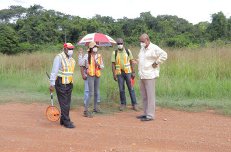 From left to right: Assistant Aviation Inspector Alphonso Mangah; Senior Engineer Dionne Amsterdam; Chief Transport Planning Officer Patrick Thompson and Minister of Public Works Bishop Juan Edghill during a visit to the Eteringbang airstrip