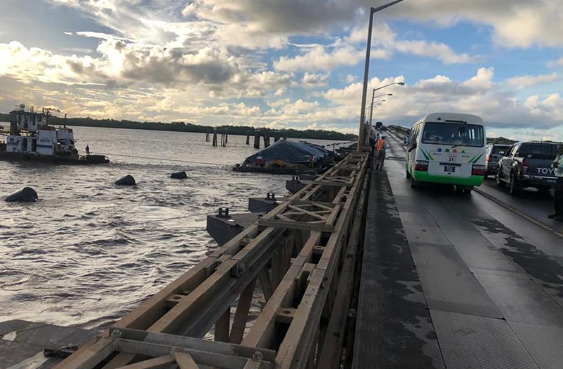 Scenes from Wednesday’s barge collision at the Demerara Harbour Bridge (taken from the Facebook page of Junior Public Works Minister, Deodat Indar