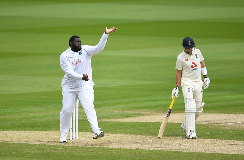Rahkeem Cornwall bowls on his return to the side, England v West Indies, 3rd Test, Old Trafford, 1st day, July 24, 2020