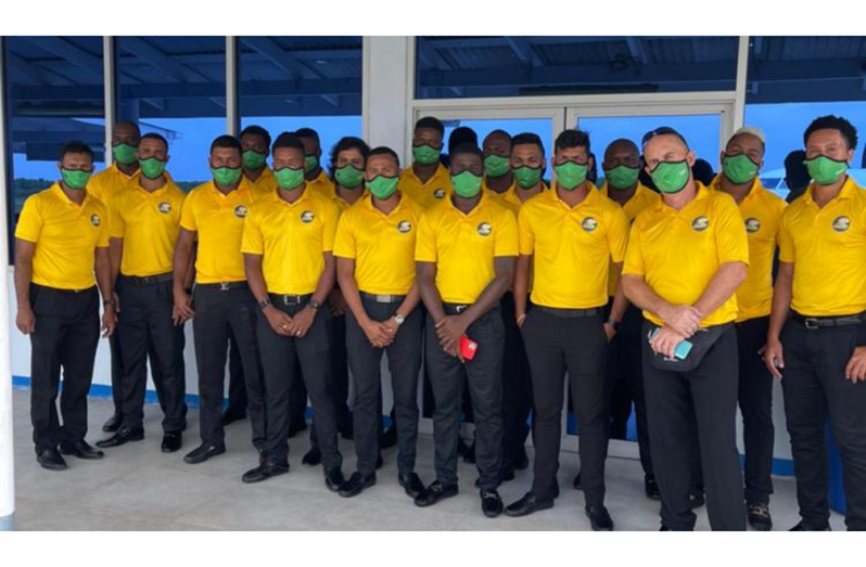 The Guyana Jaguars players and management team before departure yesterday morning