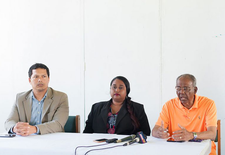 From left: Presidential Candidate of the LJP, Lenox Shuman; Presidential Candidate of TNM, Dr. Asha Kissoon; and Presidential Candidate of ANUG, Ralph Ramkarran (Delano Williams photo)