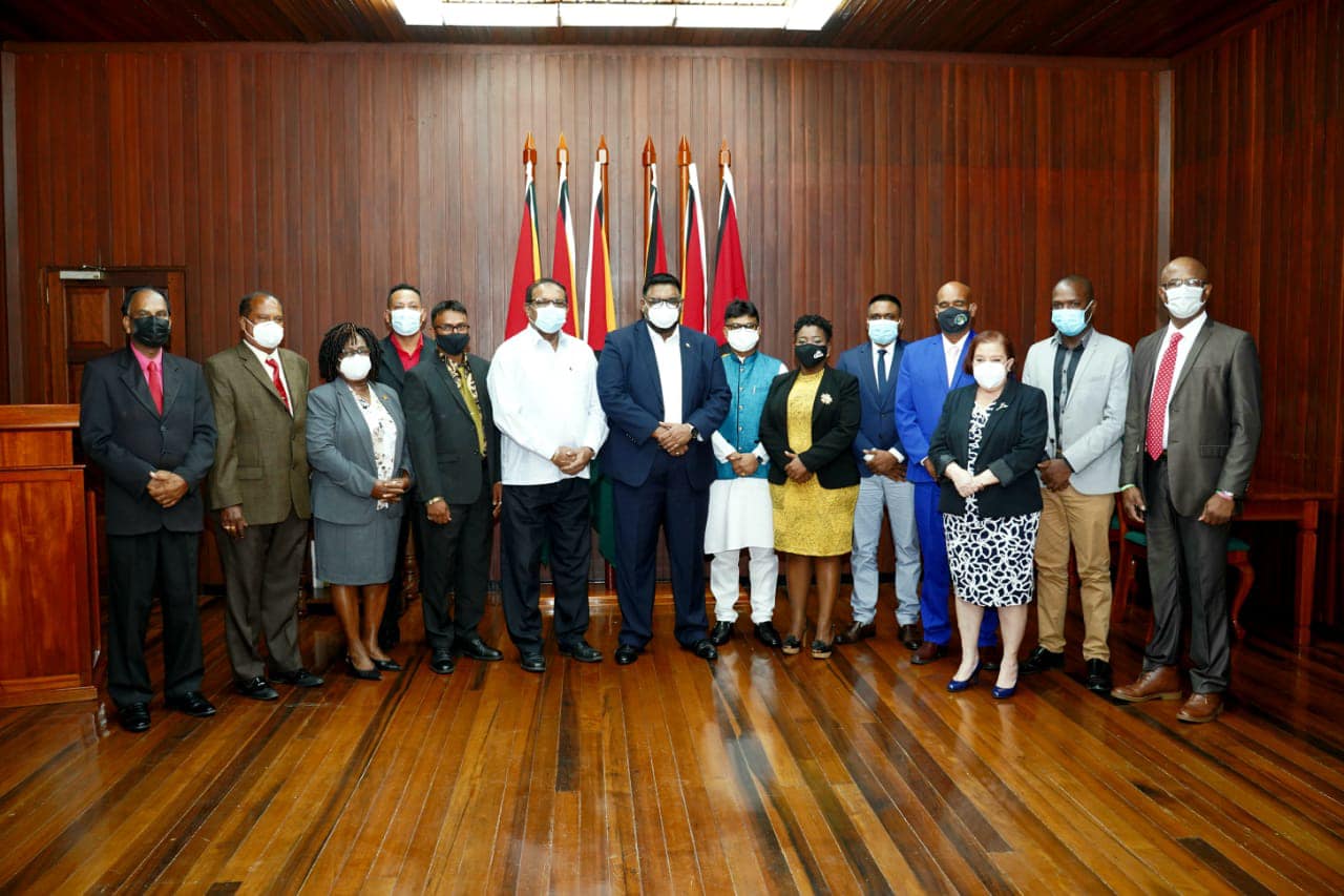 President Ali with the mayors and Minister of Governance, Gail Teixeira (third right); Minister within the Ministry of Local Government and Regional Development, Anand Persaud (sixth left) and Nigel Dharamlall, Minister of Local Government and Regional Development (fifth right) (OP photo)