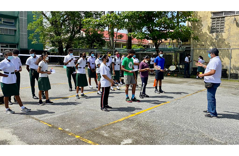 GBA president Gokarn Ramdhani along with students of St Rose’s High during the recent Air Badminton programme