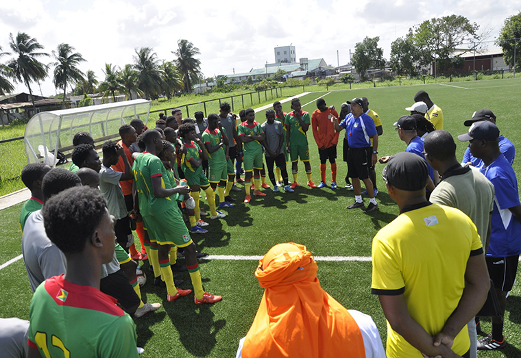 Head coach Marcio Maximo addresses a previous Golden Jaguars squad at the National Training Centre. (Photo: compliments Franklin Wilson)