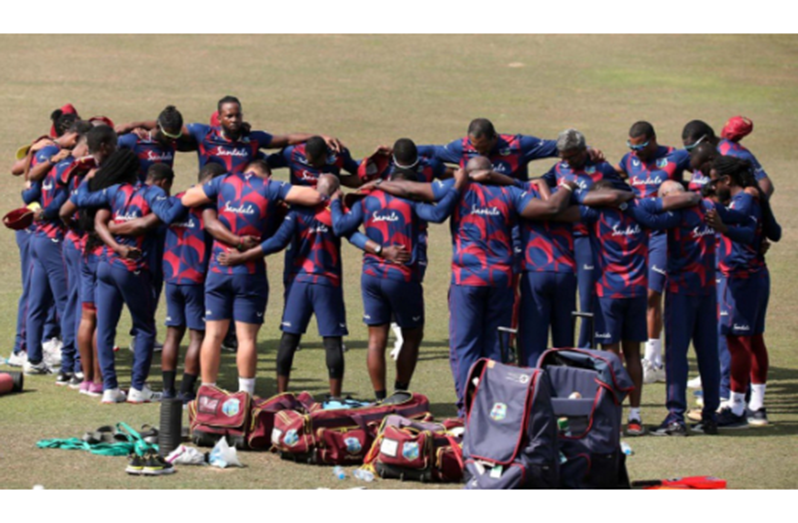 West Indies team huddle during a training session.