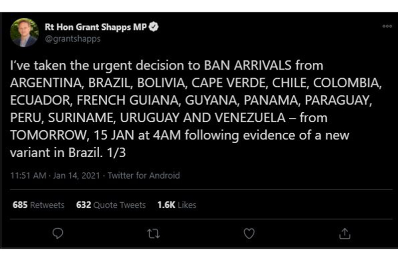 Part of the announcement made by UK Secretary of State for Transport, Grant Shapps, on the travel ban to protect against importing the ‘Brazil’ variant