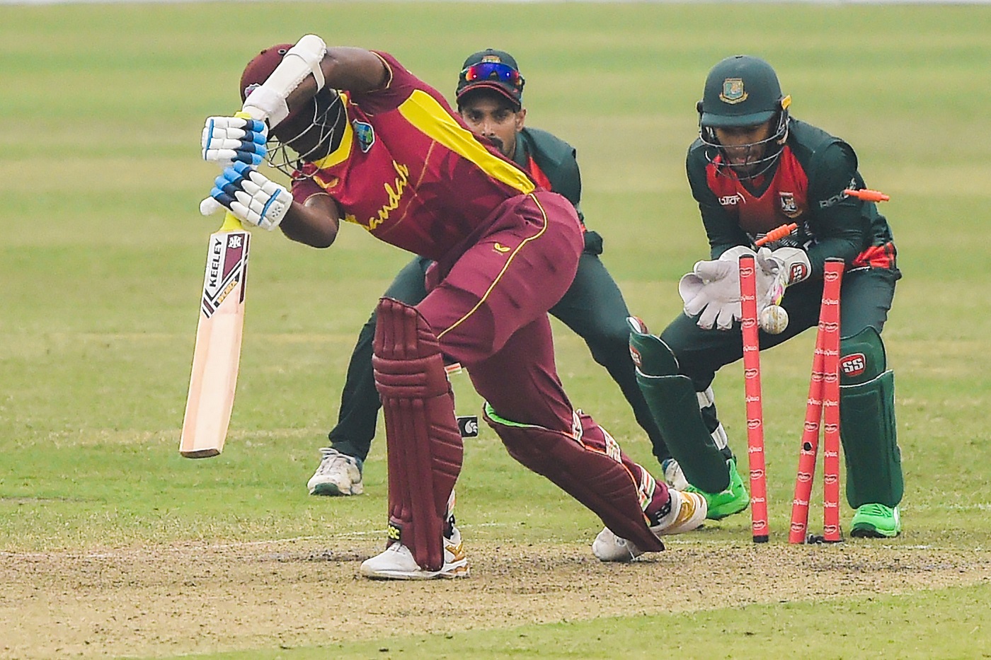 Alzarri Joseph's stumps are shattered by Shakib Al Hasan, Bangladesh vs West Indies, 1st ODI, Mirpur, yesterday.