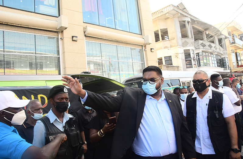 President Irfaan Ali arriving at Freedom House on Robb Street for a ceremony celebrating the life of Majeed Hussain (Adrian Narine photo)