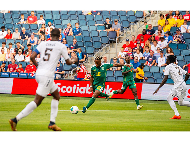 FLASHBACK! Guyana’s Neil Danns about to unleash what would be one of the best goals of the 2019 Gold Cup against Trinidad and Tobago. It was the last meeting between the two sides who will face each other again on March 25 in the Qatar World Cup Qualifier (Samuel Maughn photo)