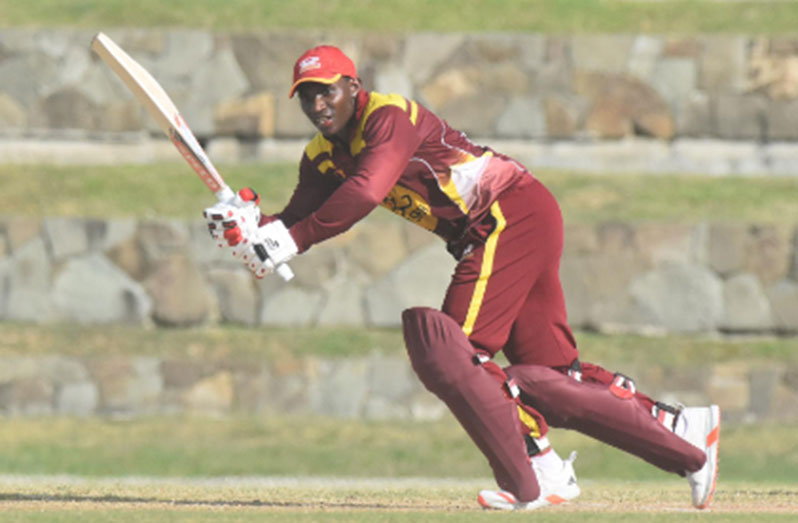 Devon Thomas plays through the on-side during his hundred against Barbados Pride on Friday.