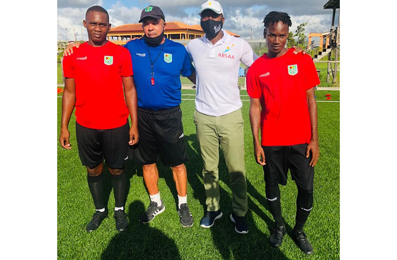 Men of Valour! From left – Ryan Hackett, Guyana’s head coach Marcio Maximo, Alex Bunbury and Kelsey Benjamin.