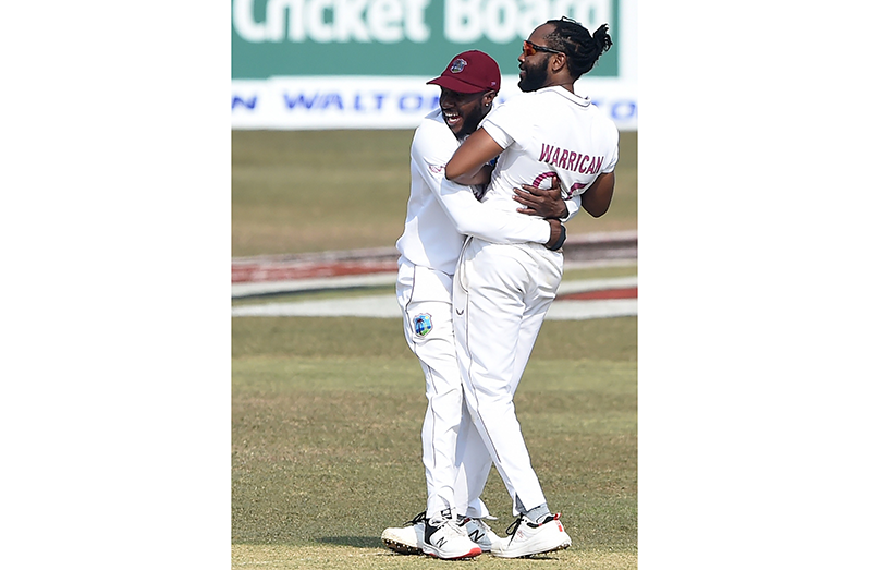 Jomel Warrican and Jermaine Blackwood celebrate a wicket, Bangladesh vs West Indies, 1st Test, Chattogram, day 1, February 3, 2021.