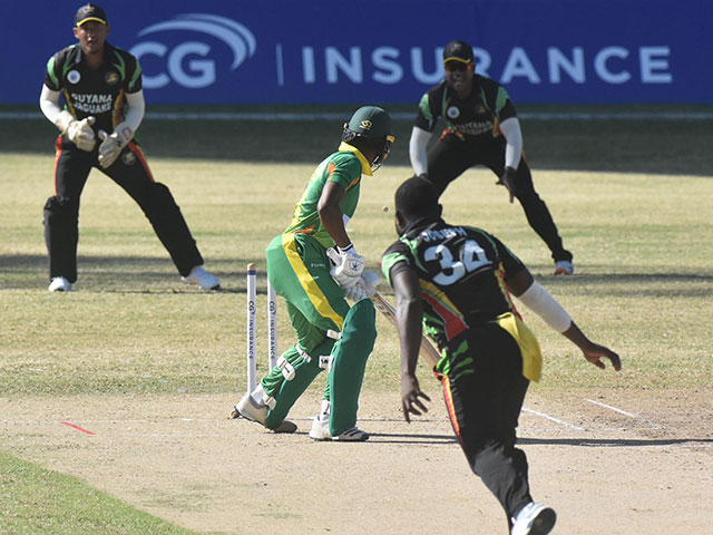 Fast bowler Keon Joseph storms in during his four-wicket burst with the new ball on Monday. (Photo courtesy CWI Media)