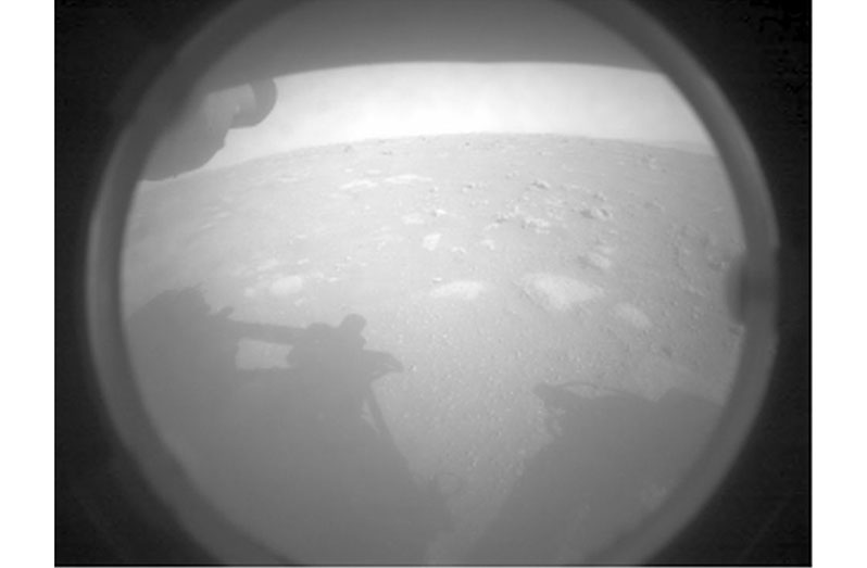 In this picture from an engineering camera, it's possible to see the shadow of the rover's robotic arm (BBC photo)