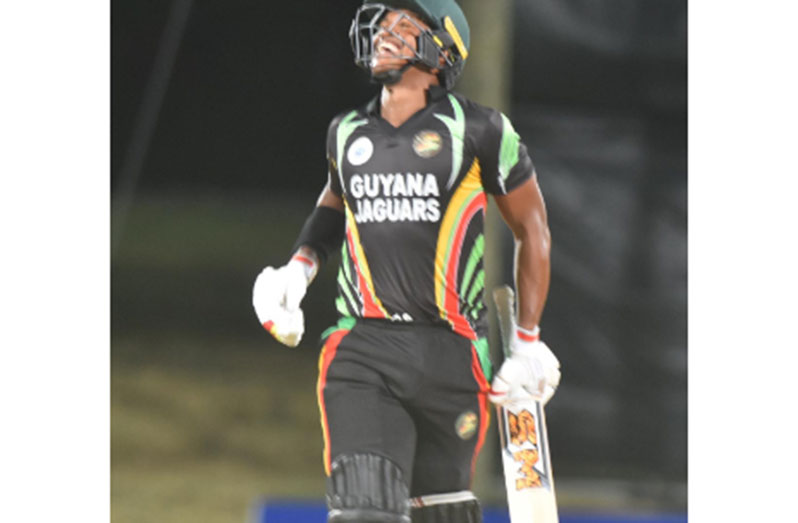 Leon Johnson hobbles down the pitch as he celebrates his hundred against Leeward Islands Hurricanes on Friday night. (Photo courtesy CWI Media).