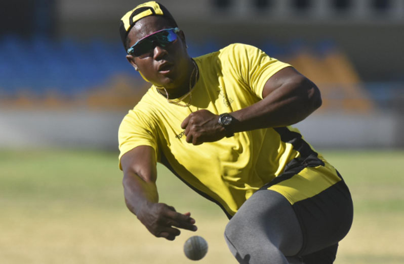 Jamaica Scorpions skipper Rovman Powell fields during a training session ahead of Wednesday’s first semi-final (Photo courtesy CWI Media)