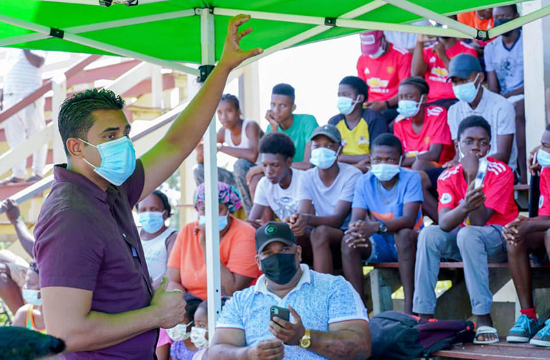 Minister of Culture, Youth and Sport, addresses youths at Golden Grove Community Centre ground.
