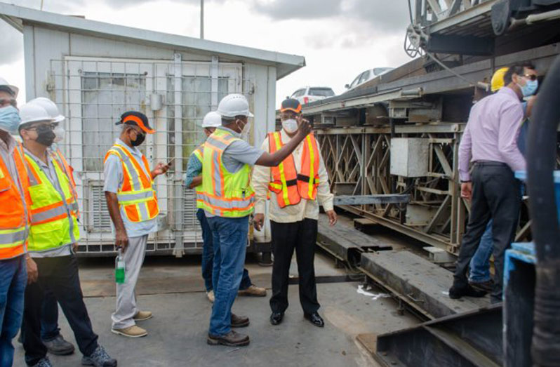Minister of Public Works Juan Edghill, along with a team of engineers and officials from the Demerara Harbour Bridge Corporation, recently inspected the damage to span nine of the bridge