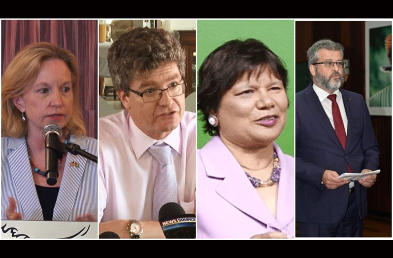 L-R: US Ambassador to Guyana, Sarah-Ann Lynch; British High Commissioner, Greg Quinn; Canadian High Commissioner, Lilian Chaterjee and EU Ambassador, Fernando Ponz Cantó