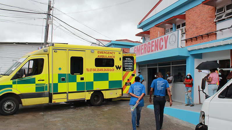 An ambulance arrives with a patient at the Accident and Emergency section of the Georgetown Public Hospital Corporation (GPHC) (Vishani Ragobeer photo)