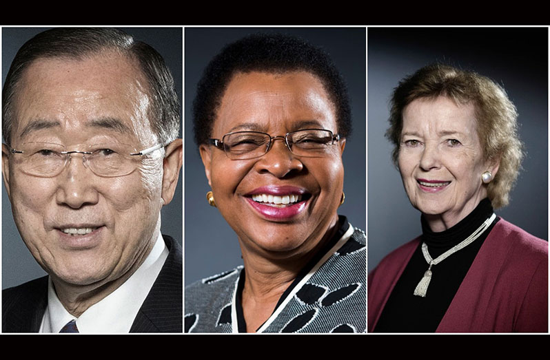 L-R: Former UN Secretary General Ban Ki-moon, Graca Machel, first education Minister of Mozambique serve as vice-chairs and Chairman of the Elder's Mary Robinson, First woman President of Ireland and former UN High Commissioner for Human Rights