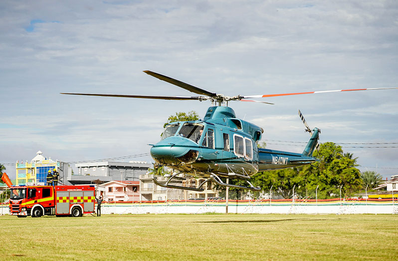 The Bell 412 EPI helicopter as it arrived at the Base Camp Ayanganna Sports Ground, Thomas Lands, Georgetown on Saturday (Latchman Singh photo)