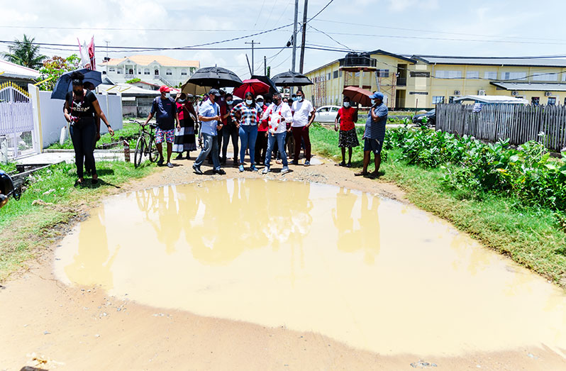 Minister within the Ministry of Public Works, Deodat Indar [with garland] and members of the Mon Repos/ La Reconnaissance Neighbourhood Democratic Council examine one of several  streets that are in deplorable condition (Delano Williams photos)