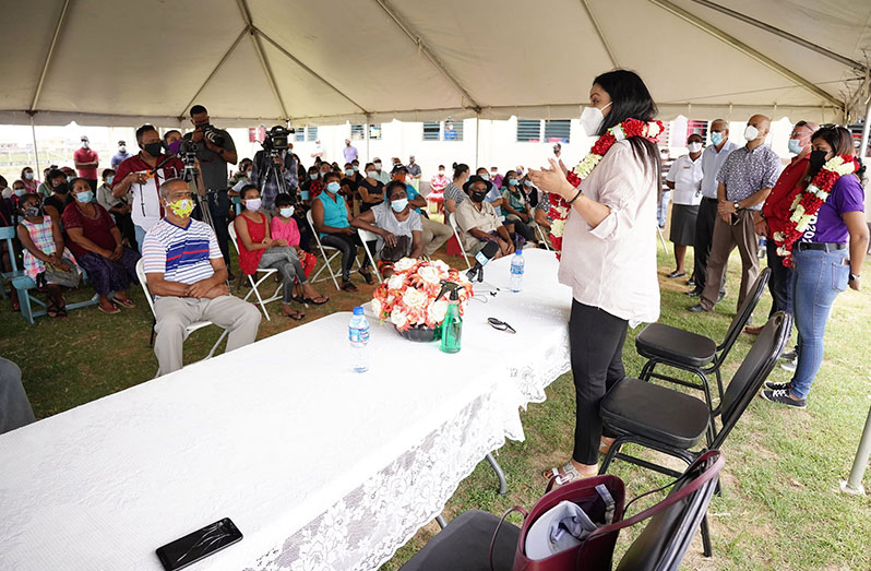 Minister of Human Services and Social Security, Dr. Vindhya Persaud, addressing residents of Region Three