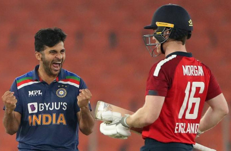 Shardul Thakur removed Ben Stokes and Eoin Morgan in successive balls before bowling the final over.