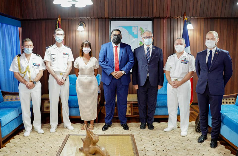 President, Dr. Irfaan Ali (centre) with Ambassador of the French Republic to Guyana, Antoine Joly (third from left) and members of the delegation at State House, on Friday