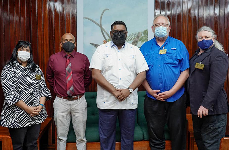 (from left) Paediatric Surgeon at the Georgetown Public Hospital Corporation (GPHC), Dr Marisa Seepersaud; the hospital’s Head of Medical Services and Cardiology, Dr Mahendra Carpen; President Irfaan Ali; co-founder of NCA, Dr William Novick, and Care Consultant of NCA, Smith Sean, at the Office of the President