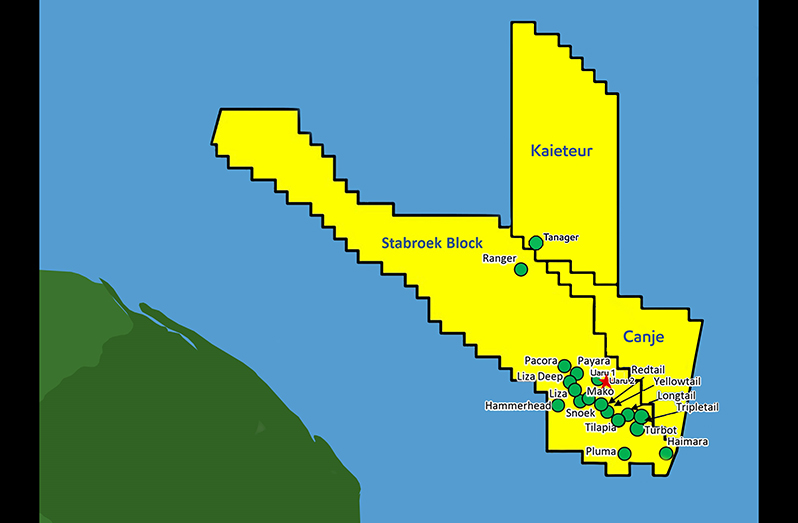 A pictorial representation of ExxonMobil’s operations offshore Guyana, in the various blocks (Photo courtesy ExxonMobil)