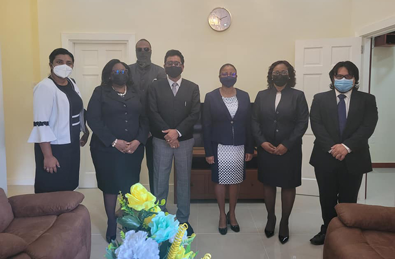 From left: Magistrate Renita Singh; Chief Magistrate, Ann McLennan; Magistrate Alex Moore; Attorney-General and Minister of Legal Affairs, Anil Nandlall, S.C; Chief Justice (ag) Madam Roxane George; Chancellor of the Judiciary (ag), Justice Yonette Cummings and Magistrate Peter Hugh