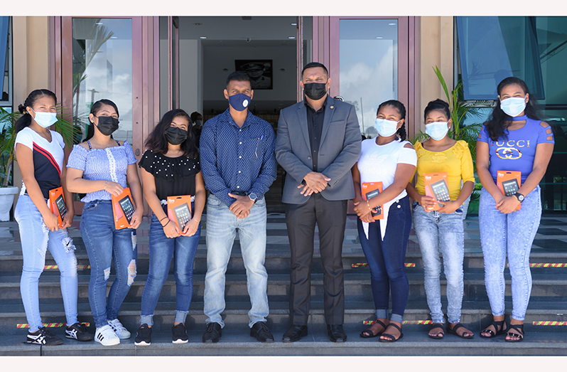 Minister of Natural Resources, Vickram Bharrat (fourth from right), on Saturday welcomed the 2021 apprentices of the Youth in Natural Resources (YNR) programme during an induction ceremony at the Arthur Chung Conference Centre, Liliendaal. Among those selected for the programme were persons from Amerindian communities in Regions Eight (Potaro-Siparuni) and Nine (Upper Takutu-Upper Essequibo) (Delano Williams photo)