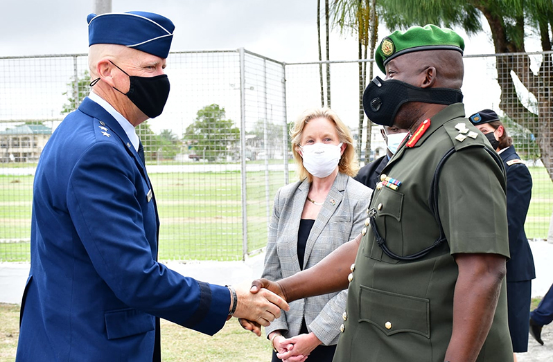 Chief of Staff, Brigadier Godfrey Bess welcomes Adjutant General of the Florida National Guard (FLNG) Brigadier General James Eifert and his team to the GDF, in the presence of U.S. Ambassador, Sarah Ann Lynch